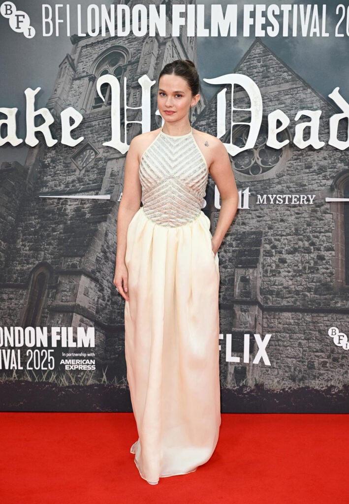 Cailee Spaeny Miu Miu cream dress 'Wake Up Dead Man: A Knives Out Mystery' opening gala BFI London Film Festival 