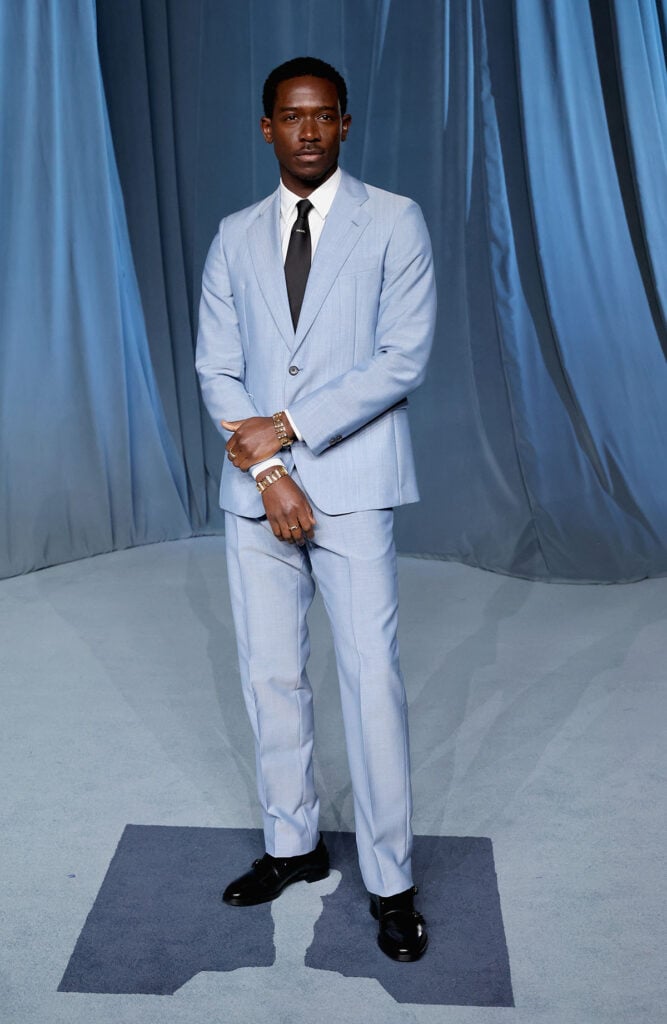 Damson Idris Prada, Damson Idris Academy Museum Gala 2025, Prada light blue suit, Prada mohair suit, Damson Idris DIDRIS jewels, Prada menswear 2025, Academy Museum Gala best dressed, Academy Museum Gala menswear