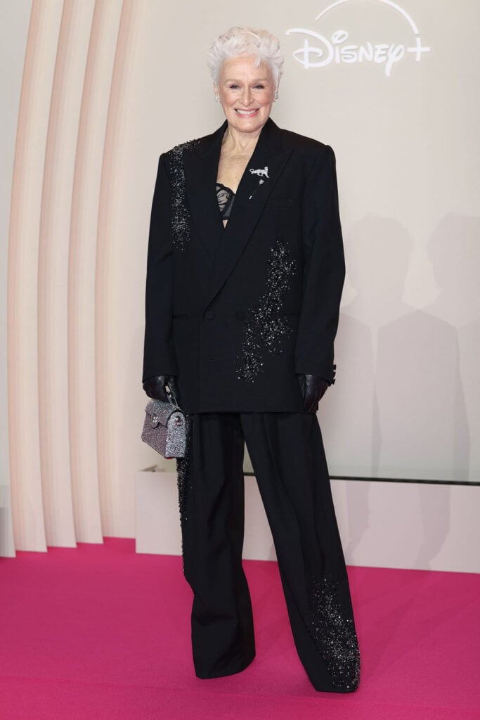 Glenn Close All’s Fair Paris premiere, Kim Kardashian All’s Fair Paris premiere, Glenn Close, Balmain Spring 2026, All’s Fair Paris premiere, crystal suit, Balmain bag