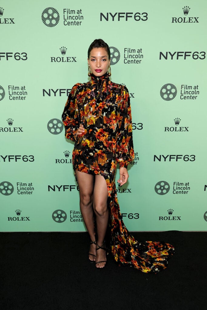 Indya Moore attends the "Father Mother Sister Brother" Red Carpet during the 63rd New York Film Festival, Tom Blyth, Matt Dillon, Indya Moore, Luka Sabbat, Saint Laurent by Anthony Vaccarello, The Fence, Father Mother Sister Brother, New York Film Festival