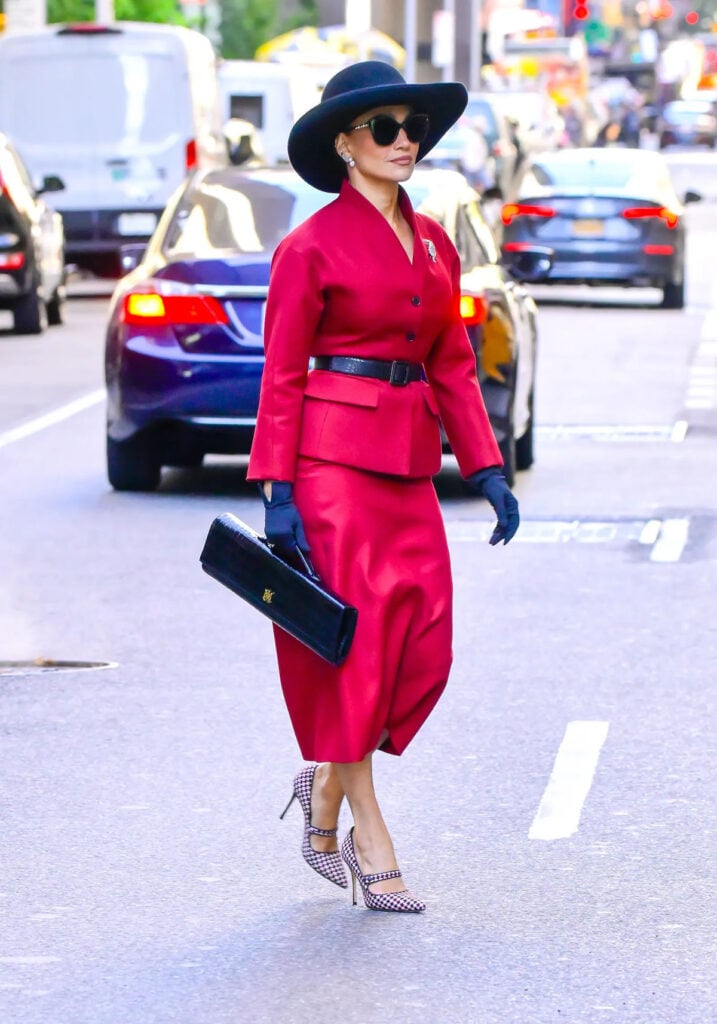 Jennifer Lopez, Dior, The Last Mrs. Parrish, Daphne Parrish, Nikolaj Coster-Waldau, Dior suit, Manolo Blahnik Camparinew Mary Janes, Amiri croc bag, Dior 2025, on-set fashion