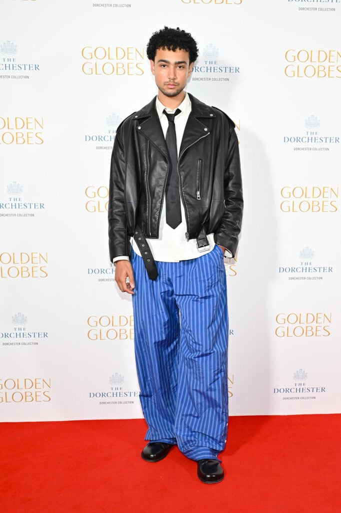 Archie Madekwe at the Golden Globes Cocktail Party during the 2025 BFI London Film Festival, Loewe, London Film Festival 2025, men’s red carpet fashion, London Film Festival men’s red carpet fashion,