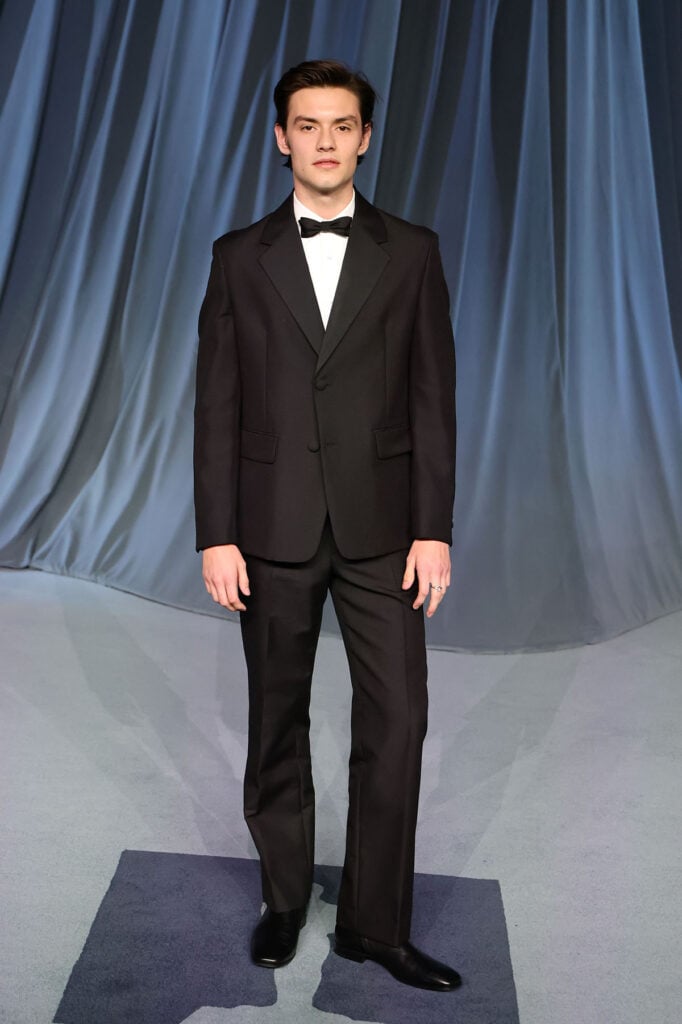Louis Partridge Prada, Louis Partridge Academy Museum Gala 2025, Prada black wool tuxedo, Prada menswear tuxedo, Academy Museum Gala red carpet, Academy Museum Gala best dressed, Academy Museum Gala menswear,