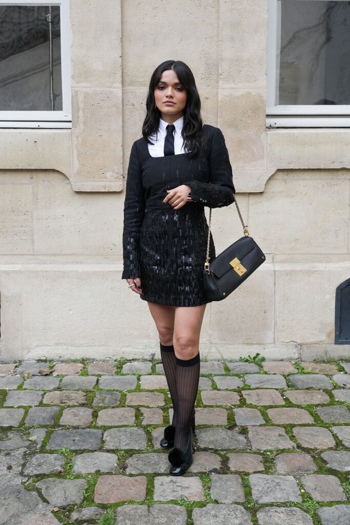 Rachel Zegler Thom Browne Spring 2026, Thom Browne Spring 2026, Thom Browne front row, Rachel Zegler Thom Browne, Eiza González Thom Browne, fashion week Paris, Thom Browne street style