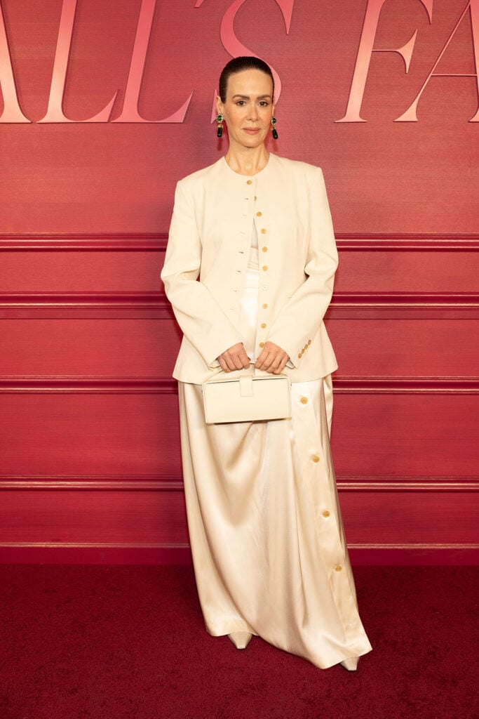 Sarah Paulson, Heirlome Catalina blazer, Heirlome Cordelia skirt, Chanel earrings, Magda Butrym Apolonia bag, Hulu All’s Fair Tastemaker Event red carpet
