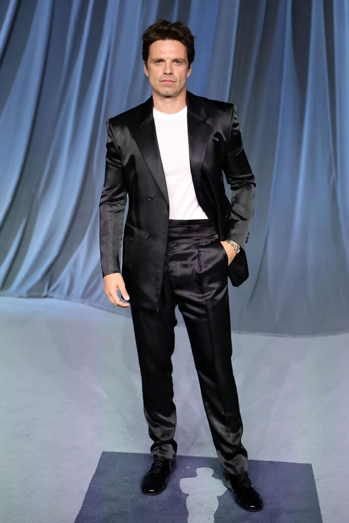 Sebastian Stan Prada, Sebastian Stan Academy Museum Gala 2025, Prada black satin tuxedo, Prada men’s red carpet, Prada cummerbund tuxedo, Academy Museum Gala best dressed, Academy Museum Gala red carpet, Academy Museum Gala menswear