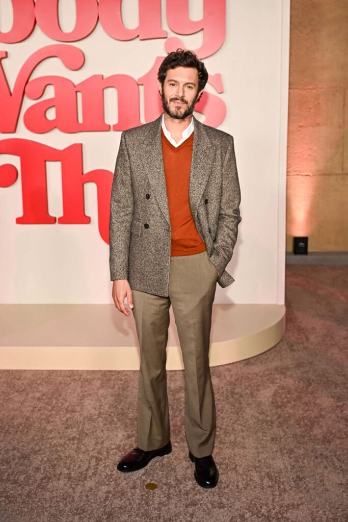 Adam Brody, Sandro, Stuart Weitzman SW Club Classic Penny Loafers, Ryan Reynolds stylist, Nobody Wants This Season 2 premiere, Los Angeles red carpet, menswear red carpet 