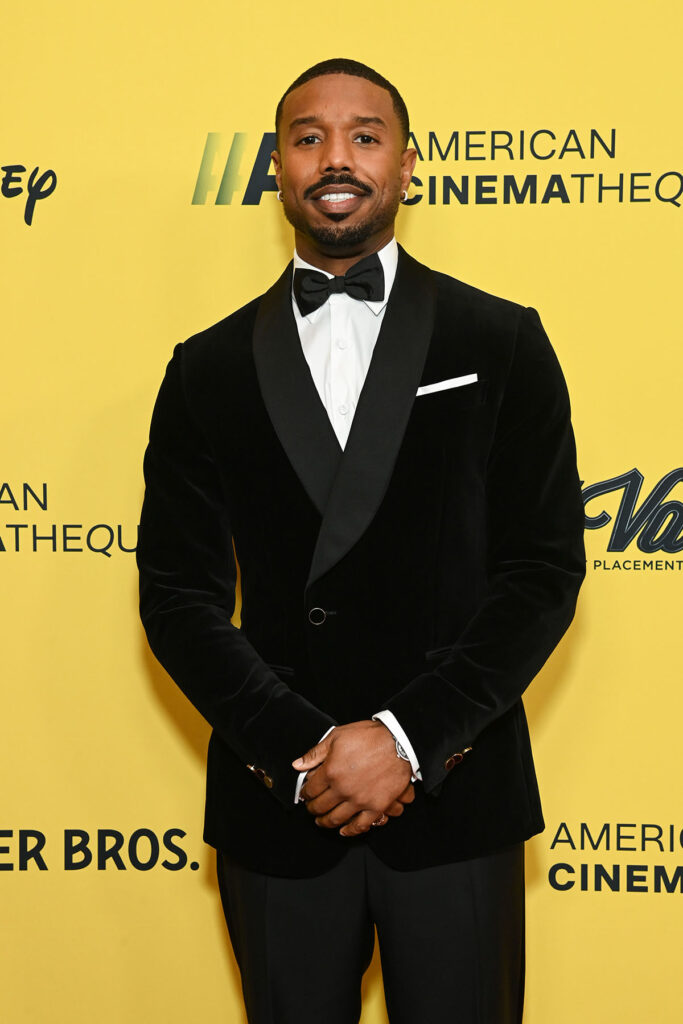 Michael B. Jordan, Louis Vuitton tuxedo, black velvet tuxedo, 2025 American Cinematheque Awards, 2025 American Cinematheque Awards red carpet, Michael B. Jordan red carpet style