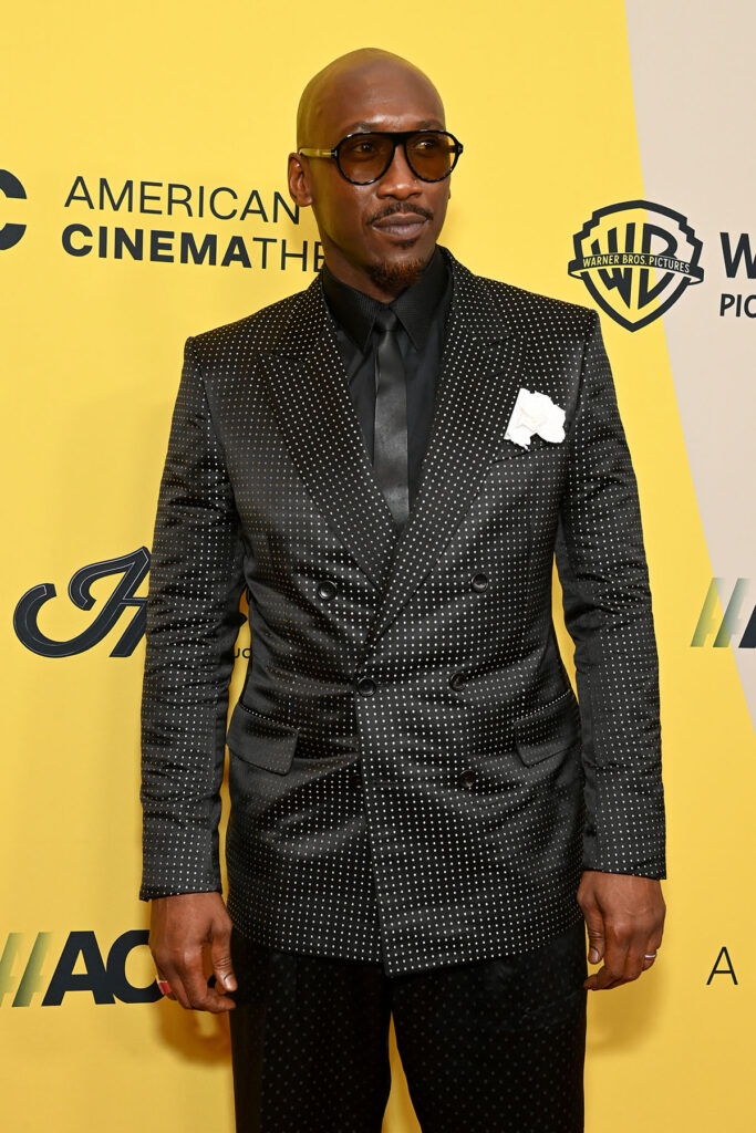 Mahershala Ali, Tom Ford by Haider Ackermann, polka dot menswear, satin polka dot trousers, frozen gardenia jacket, 2025 American Cinematheque Awards, 2025 American Cinematheque Awards red carpet