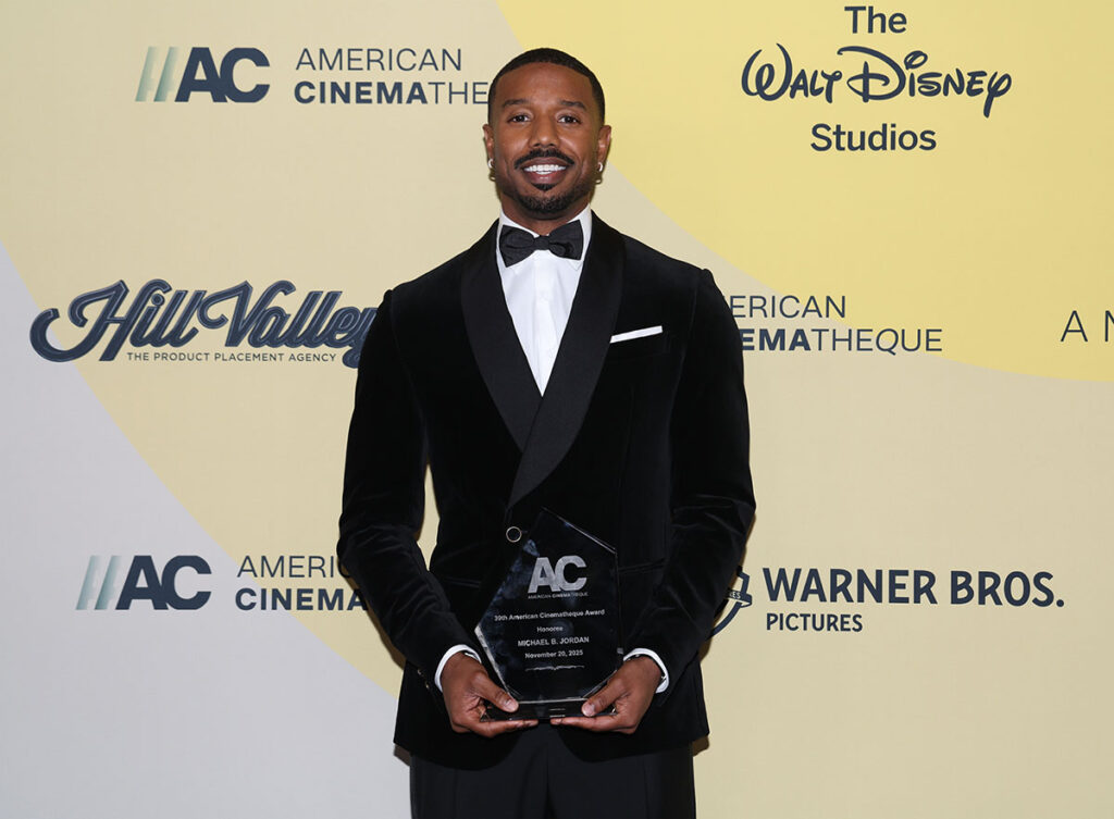 Michael B. Jordan, Louis Vuitton tuxedo, black velvet tuxedo, 2025 American Cinematheque Awards, 2025 American Cinematheque Awards red carpet, Michael B. Jordan red carpet style