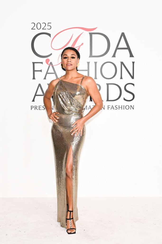 Ariana DeBose Versace Spring 2018 gold chainmail dress, 2025 CFDA Fashion Awards red carpet, Gianni Versace tribute collection, supermodel reunion Versace 2018, metallic gown, George Michael Freedom runway moment