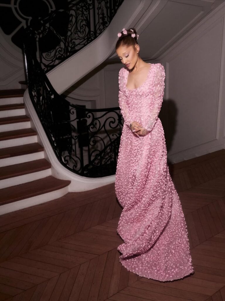 Ariana Grande, Wicked: For Good press tour, Rodarte custom look, Givenchy FW1995 Haute Couture, Sarah Burton Givenchy archives, Glinda, Billie Burke, vintage style, Law Roach styling