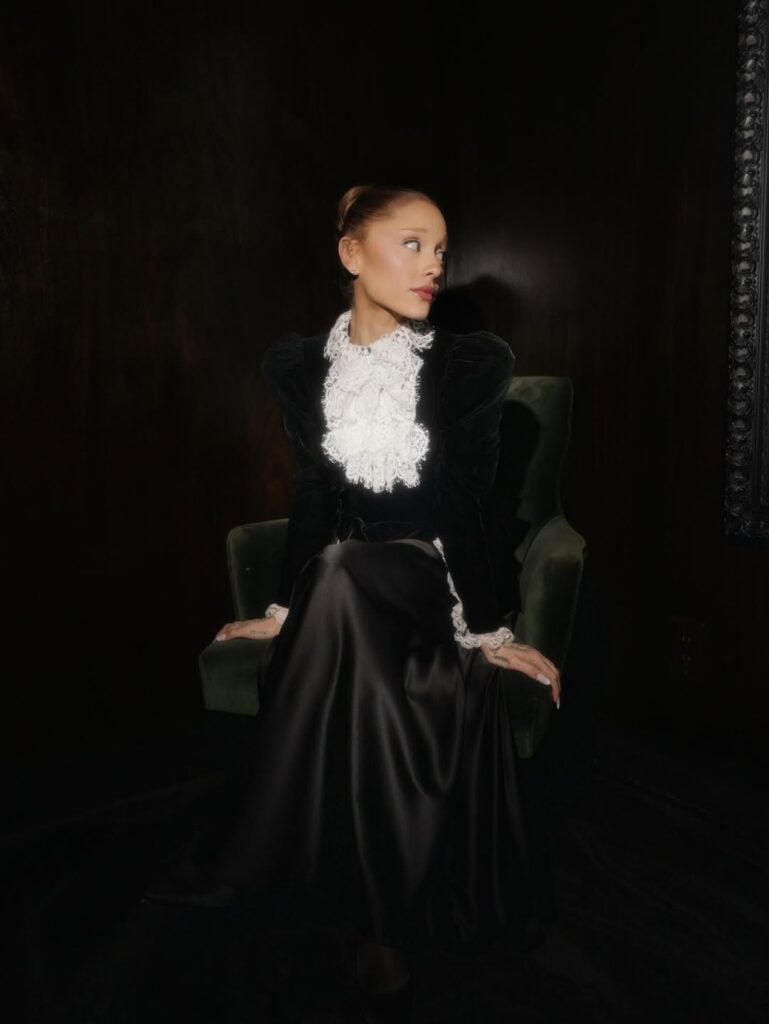 Ariana Grande, Wicked: For Good press tour, Rodarte custom look, Givenchy FW1995 Haute Couture, Sarah Burton Givenchy archives, Glinda, Billie Burke, vintage style, Law Roach styling