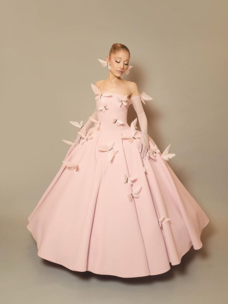 Ariana Grande, Wicked: For Good press tour, Wicked: For Good red carpet, Thom Browne gown, Givenchy Haute Couture, Robert Wun Couture, Glinda fashion, Law Roach styling, Wicked movie fashion, pink gown red carpet