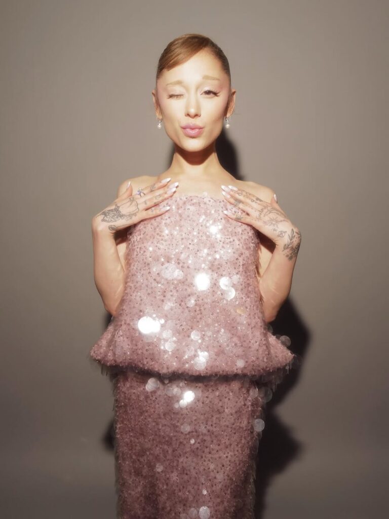 Ariana Grande, Balenciaga by Pierpaolo Piccioli, custom Balenciaga gown, Swarovski jewels, Wicked: For Good Singapore premiere red carpet, pink sequin gown, Balenciaga Spring 2026 era, Glinda-inspired fashion