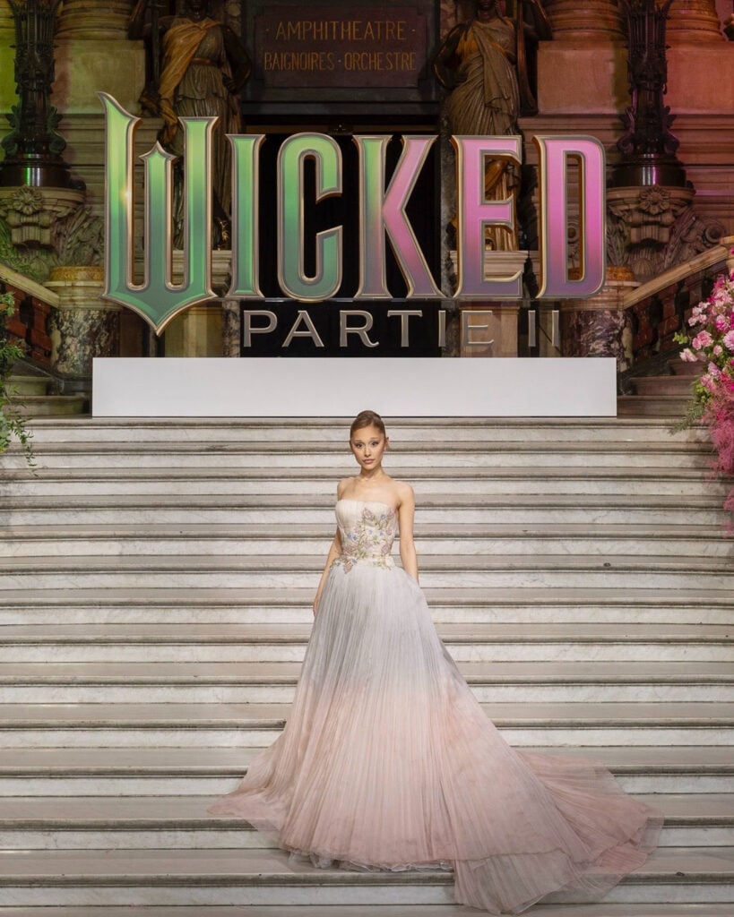 Ariana Grande, Wicked: For Good press tour, Wicked: For Good red carpet, Thom Browne gown, Givenchy Haute Couture, Robert Wun Couture, Glinda fashion, Law Roach styling, Wicked movie fashion, pink gown red carpet