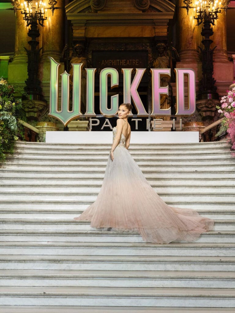 Ariana Grande Wore Givenchy Haute Couture by Alexander McQueen To The 'Wicked: For Good' Paris Premiere, Ariana Grande, Wicked: For Good Paris premiere red carpet, Givenchy Spring 1998 Haute Couture, Alexander McQueen for Givenchy, dégradé organza gown, Wicked: For Good, Wicked: For Good press tour, Glinda, archival couture red carpet,