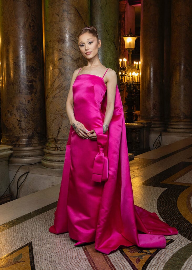 Ariana Grande, Wicked: For Good press tour, Wicked: For Good red carpet, Thom Browne gown, Givenchy Haute Couture, Robert Wun Couture, Glinda fashion, Law Roach styling, Wicked movie fashion, pink gown red carpet