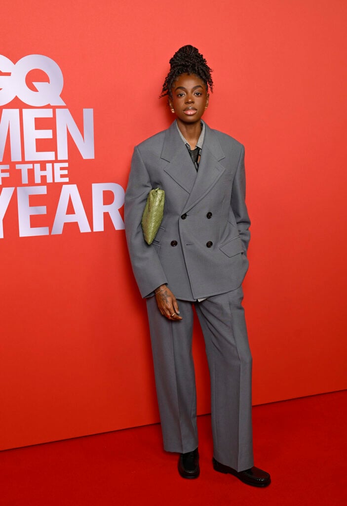 Cat Burns, Bottega Veneta, grey suit look, GQ Men of the Year red carpet, androgynous style