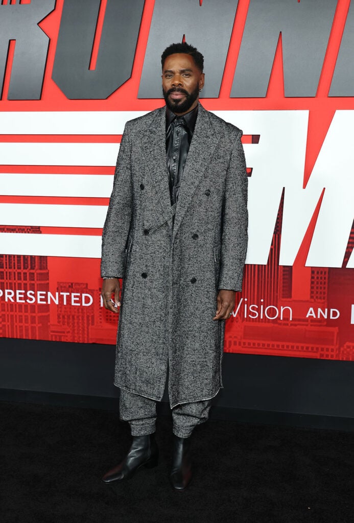 Colman Domingo, The Running Man New York premiere red carpet, Lanvin Fall 2025, double-breasted chevron wool coat, leather shirt menswear, Colman Domingo style