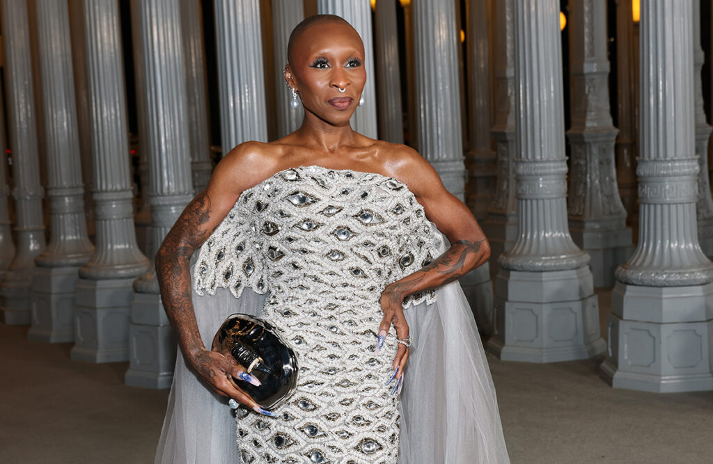 Cynthia Erivo Schiaparelli Fall 2025 Haute Couture, Cynthia Erivo LACMA Art+Film Gala red carpet, Cynthia Erivo silver gown, Schiaparelli minaudiere Pierced Mouth clutch