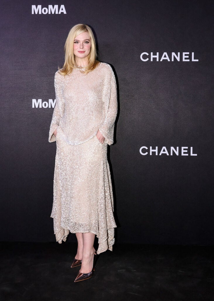 Elle Fanning Chanel Spring 2026, Chanel Spring 2026 draped dress, Elle Fanning MoMA Film Benefit red carpet, Elle Fanning neutral Chanel look, MoMA Film Benefit 2025 attendees