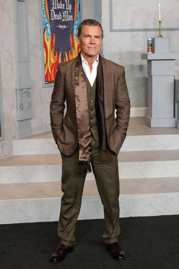 Josh Brolin Wake Up Dead Man LA premiere red carpet, dunhill suit, dunhill tonal scarf, Stuart Weitzman SW Club Classic penny loafers, Blancpain watch, Knives Out Mystery premiere menswear