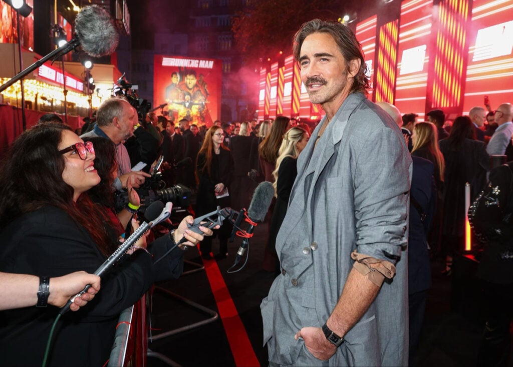 The Running Man London premiere red carpet, Lee Pace, Magliano Spring 2026, relaxed tailoring menswear, grey suit styling, rugged elegance red carpet
