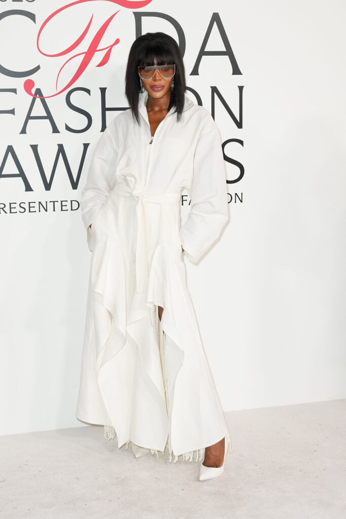 Naomi Campbell Alaïa, Naomi Campbell 2025 CFDA Fashion Awards red carpet, Naomi Campbell white draped gown Alaïa, Naomi Campbell Pieter Mulier Alaïa, Naomi Campbell Alaïa muse