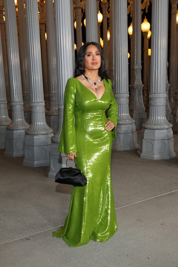 Salma Hayek, wearing Gucci, attends the 2025 LACMA Art+Film Gala, Salma Hayek Pinault Gucci green dress, Salma Hayek Pinault LACMA Art+Film Gala red carpet, Salma Hayek lime sequin gown, Salma Hayek Gucci look