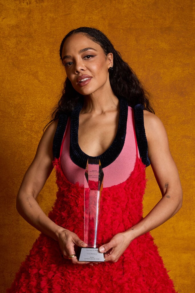 Tessa Thompson, Diotima Spring 2026, Hedda, CCA Celebration of Black Cinema & Television red carpet, Critics Choice Association, Marigot knit top, cocoon skirt, Karla Welch, celebrity style, red carpet fashion 2025