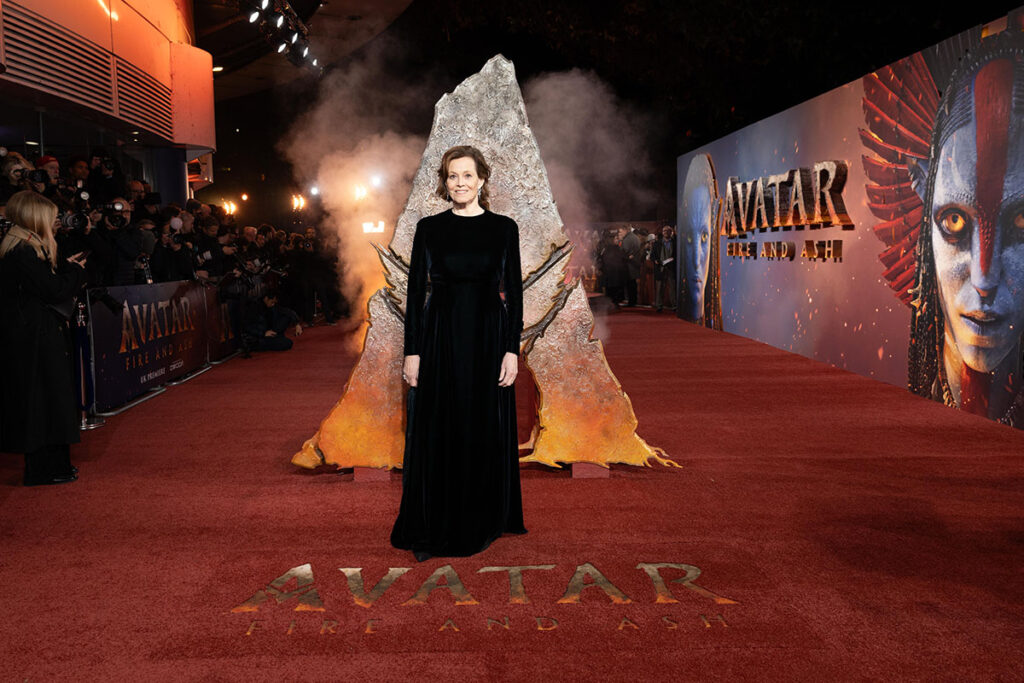 Sigourney Weaver Wore Maison Margiela To The 'Avatar: Fire and Ash' London Premiere, Sigourney Weaver, Sigourney Weaver Margiela, Sigourney Weaver London premiere, Avatar Fire And Ash red carpet, Maison Margiela Artisanal 2025, Margiela Look 29, John Galliano Margiela, Cartier jewellery, BFI IMAX Waterloo premiere, Avatar Fire And Ash cast