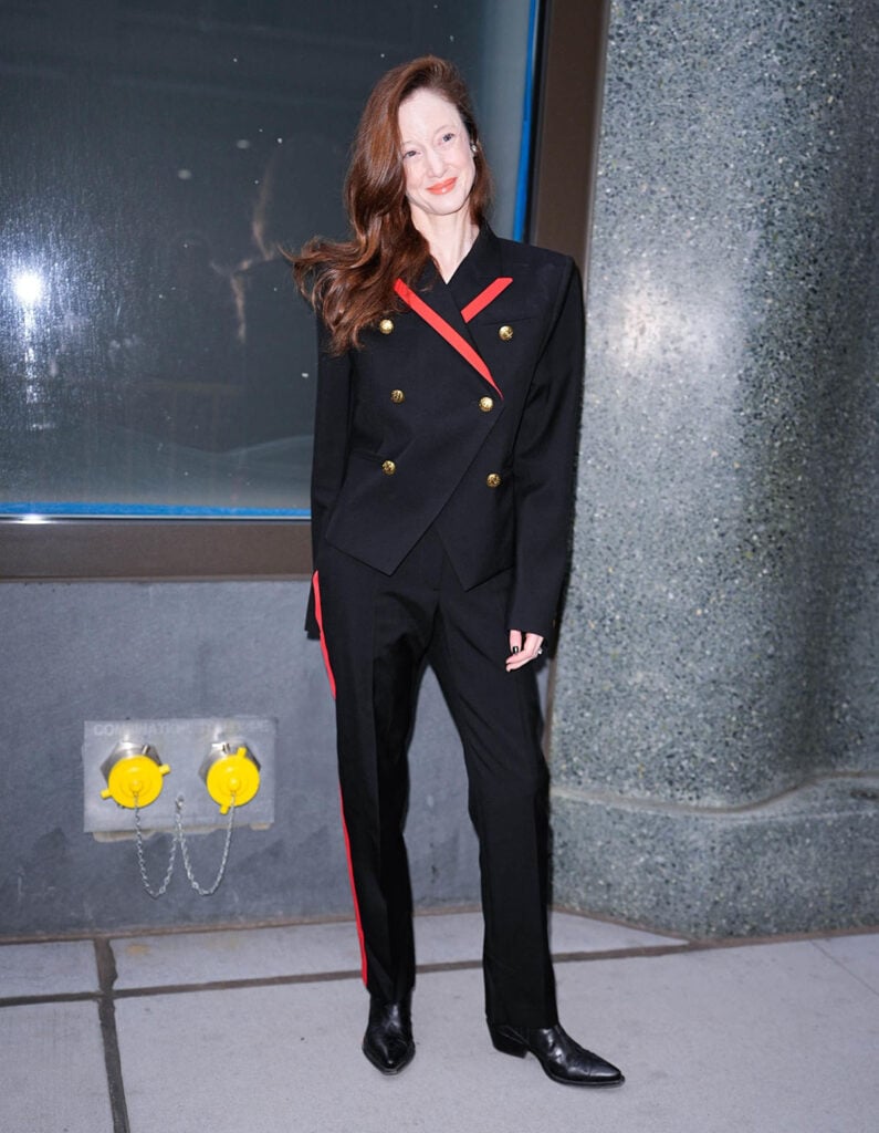 Andrea Riseborough Wore McQueen On Good Morning America, Andrea Riseborough, Goodbye June press, Good Morning America fashion, Andrea Riseborough McQueen, McQueen Resort 2026, celebrity tailoring, morning show style, red trim suit