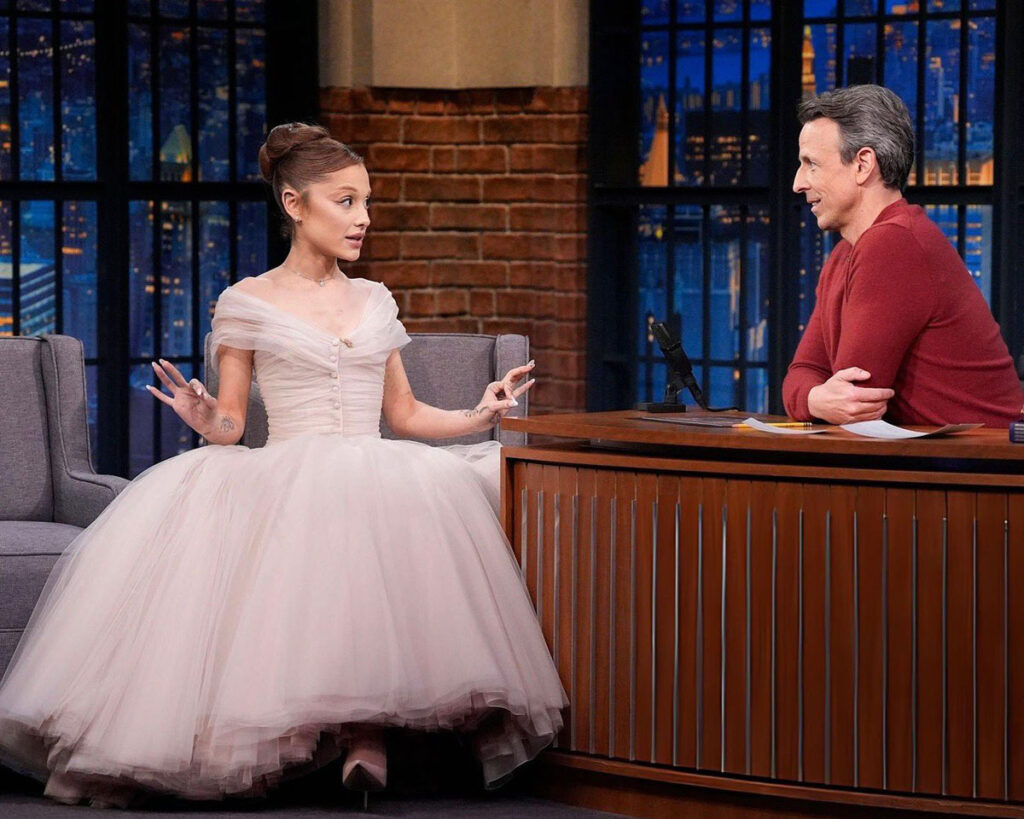 Ariana Grande, Late Night With Seth Meyers fashion, Paolo Sebastian custom gown, Wicked press tour style, Glinda inspired dress, Ariana Grande TV appearance, Paolo Sebastian couture, Wicked movie press