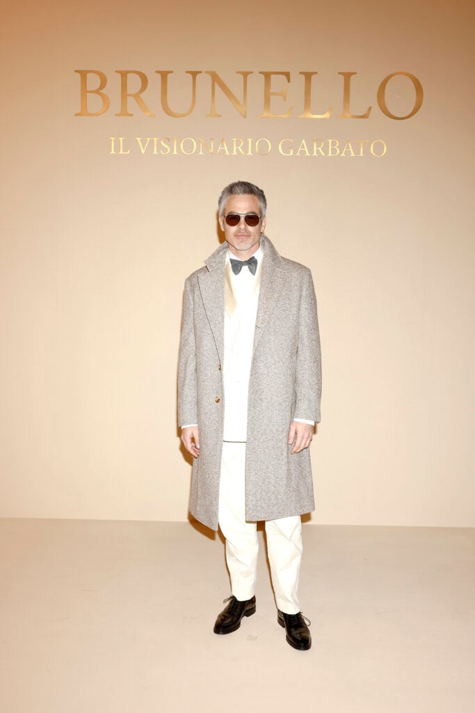 Chris Pine attends the "Brunello, Il Visionario Garbato" red carpet  Brunello Cucinelli red carpet, Brunello the Gracious Visionary premiere, Cinecittà Studios Rome, Jessica Chastain Brunello Cucinelli gown, Jonathan Bailey velvet jacket, Chris Pine Brunello Cucinelli suit, Jeff Goldblum Brunello Cucinelli, Bianca Balti Brunello Cucinelli dress, Ava DuVernay Brunello Cucinelli blazer, Italian luxury fashion, Giuseppe Tornatore documentary