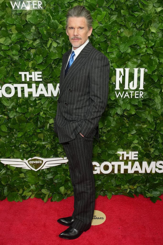 Gotham Film Awards menswear, Gotham Film Awards red carpet, Ethan Hawke Tom Ford, Tom Ford by Haider Ackermann, pinstripe suit menswear, navy pinstripe tailoring, Ethan Hawke style, classic menswear 2025