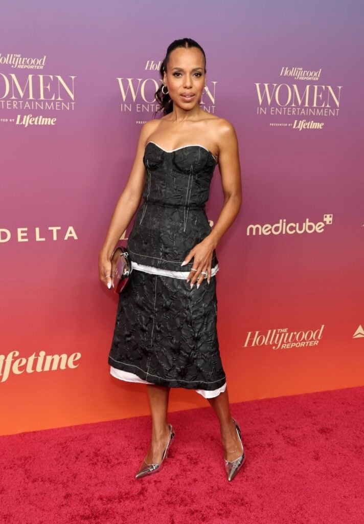 Kerry Washington, The Hollywood Reporter Women in Entertainment Gala red carpet, Simkhai layered look, Kerry Washington silver pumps, Kurt Geiger metallic pumps, Jeffrey Levinson mirrored clutch