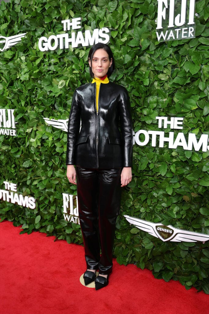 Eva Victor attends the 35th Gotham Film Awards. 
Eva Victor, Loewe Spring 2026, Gotham Film Awards red carpet, leather look