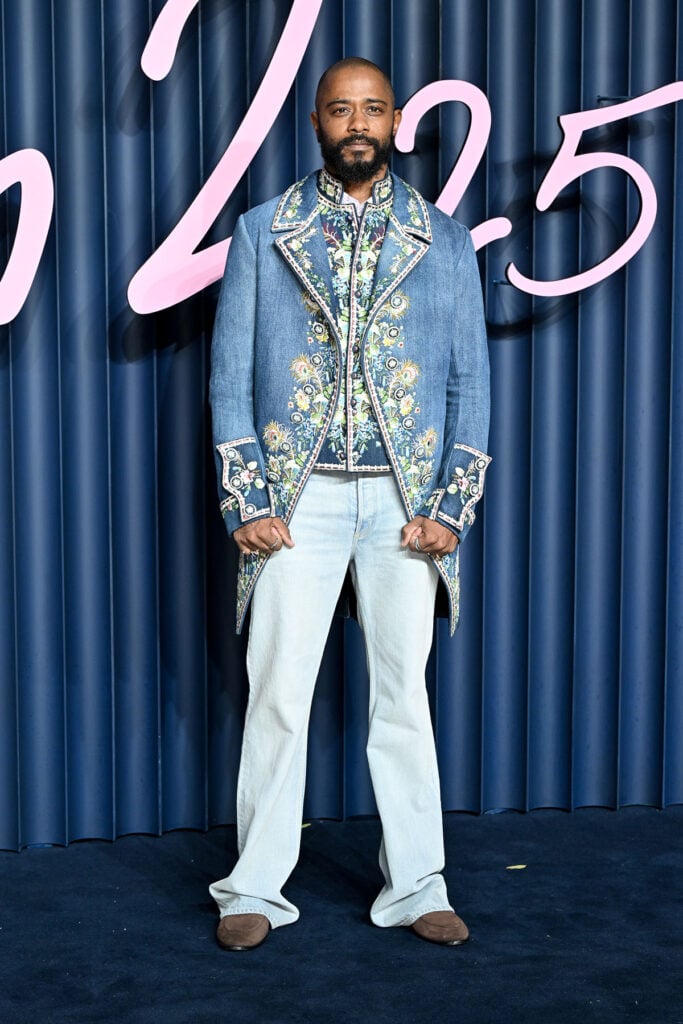 LaKeith Stanfield at The Fashion Awards 2025, LaKeith Stanfield, Dior menswear, Dior floral embroidered denim coat, Dior waistcoat, Dior Antibes mules, embroidered denim menswear, The Fashion Awards 2025 menswear, The Fashion Awards 2025 red carpet, London menswear red carpet, celebrity menswear 2025.
