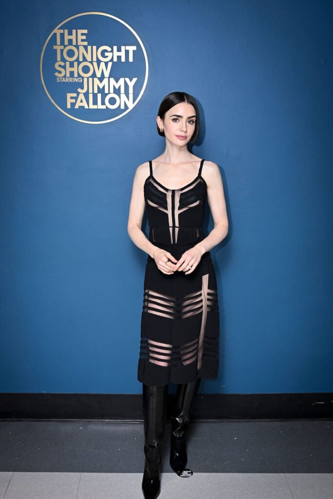 Lily Collins, The Tonight Show Starring Jimmy Fallon, Emily in Paris Season 5, Lily Collins, Emily In Paris season 5, Fendi Fall Winter 1997, Fendi Resort 2026, Roberto Cavalli Spring 2006, Fendi Baguette, NYC appearances, Emily In Paris promo, Lily Collins style, celebrity fashion, red carpet fashion, Good Morning America, Jimmy Fallon arrival, Jimmy Fallon departure