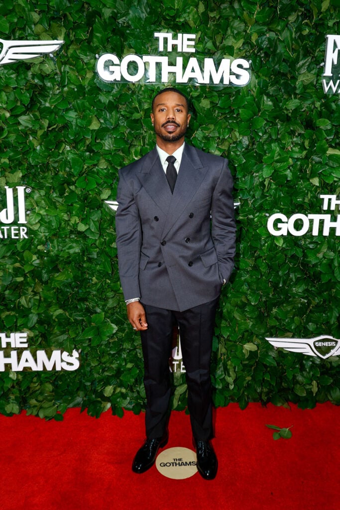 Gotham Film Awards menswear, Gotham Film Awards red carpet, Michael B. Jordan Prada, Prada menswear, grey double-breasted suit, MBJ style, Sinners press tour fashion, classic menswear, red carpet tailoring 2025