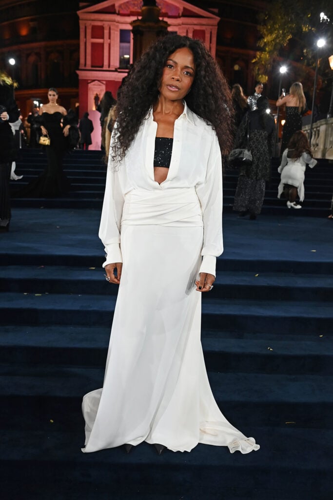  Naomie Harris attends The Fashion Awards 2025, Naomie Harris Brunello Cucinelli, Brunello Cucinelli custom blouse, Brunello Cucinelli mermaid skirt, Brunello Cucinelli embroidered bra, Fashion Awards 2025 red carpet, British Fashion Awards red carpet