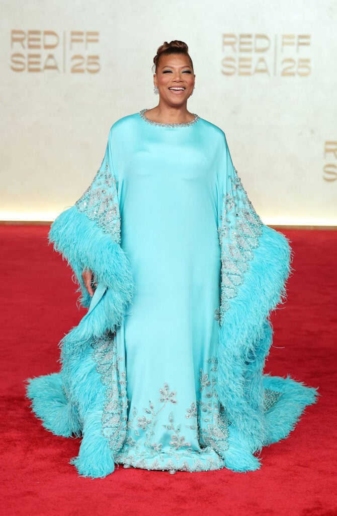 Queen Latifah attends the opening night red carpet for "Giant" at the Red Sea International Film Festival 2025, Queen Latifah, Georges Hobeika Fall 2022 Couture caftan, aqua blue feathered gown, Giant premiere Red Sea Film Festival, Queen Latifah couture red carpet, 2025 Red Sea International Film Festival red carpe