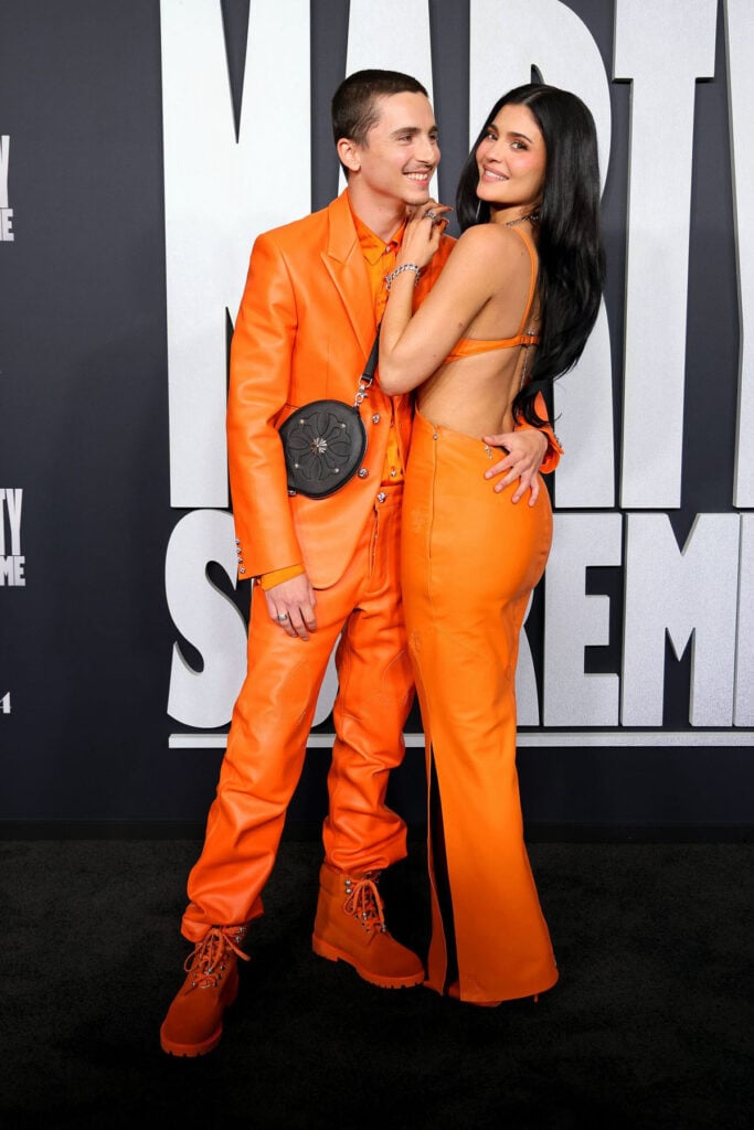 Timothée Chalamet, Kylie Jenner, Marty Supreme premiere, Chrome Hearts custom, Marty Supreme LA premiere, Timothée Chalamet style, Kylie Jenner red carpet, Samuel Goldwyn Theater, Marty Supreme film promo, celebrity couples red carpet