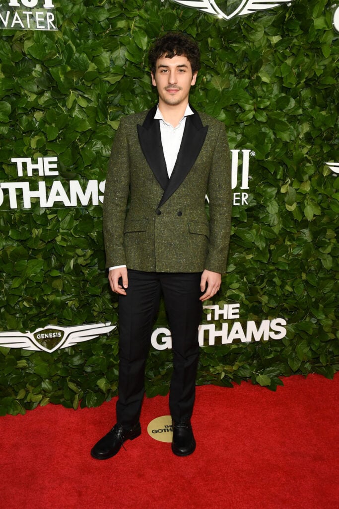 Gotham Film Awards menswear, Gotham Film Awards red carpet, Will Price Dior, Dior Spring 2026 menswear, green wool tweed jacket, bar jacket menswear, mens runway look, celebrity menswear 2025, red carpet Dior look