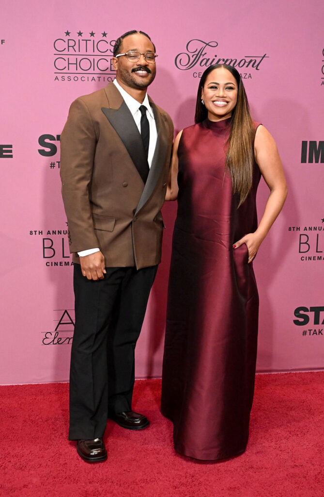 Zinzi Coogler, Greta Constantine Quiven gown, Critics Choice Celebration of Black Cinema red carpet, burgundy A-line gown, Greta Constantine dress, Ryan Coogler wife style, celebrity couples red carpet