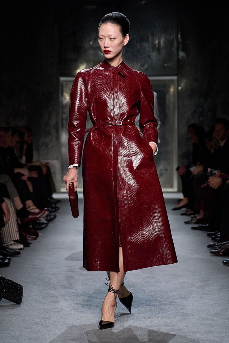 Tom Ford Bordeaux leather coat runway reference