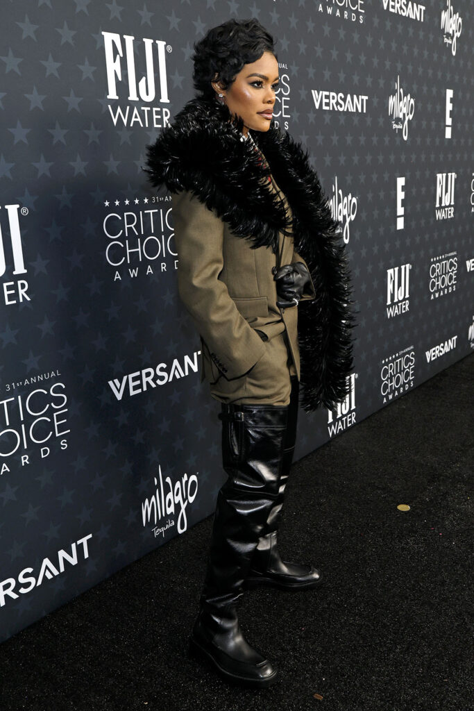 Teyana Taylor Wore Saint Laurent To The 2026 Critics' Choice Awards, Teyana Taylor, 2026 Critics Choice Awards red carpet, Saint Laurent Fall 2025 menswear, Teyana Taylor Saint Laurent, Critics Choice Awards fashion, women in menswear red carpet