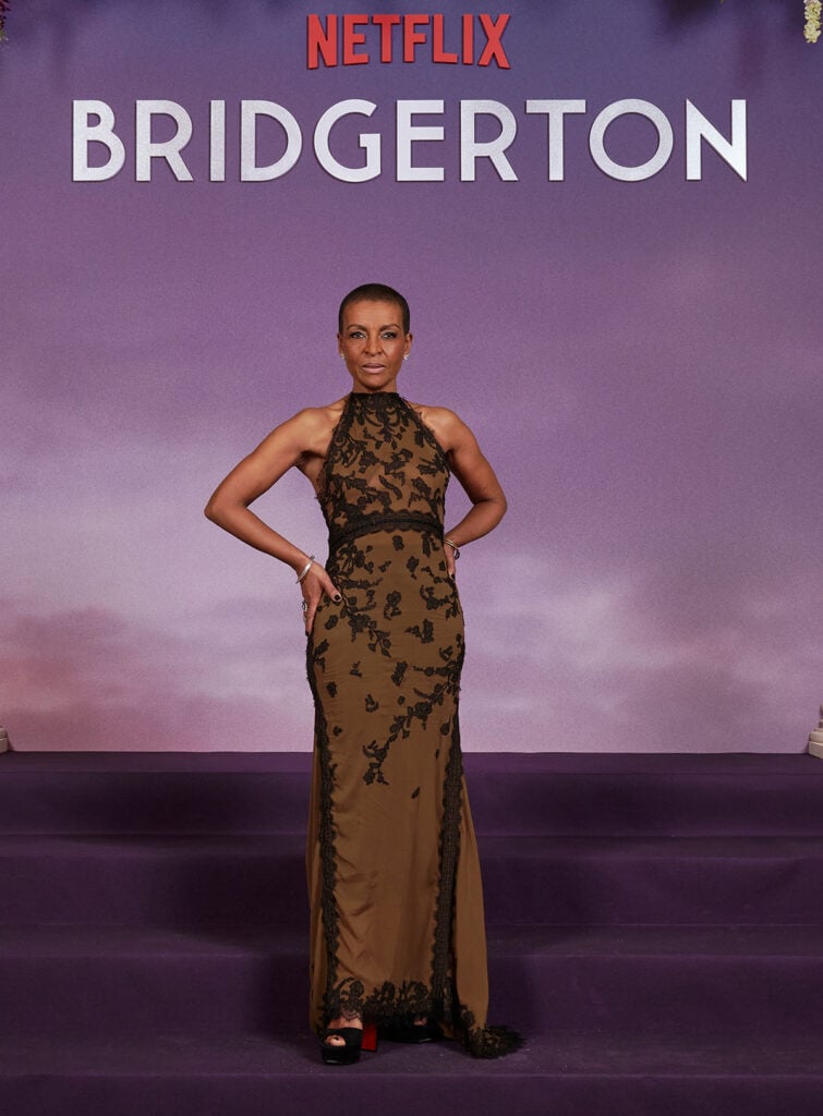 Adjoa Andoh, Adjoa Andoh red carpet, Bridgerton season 4 Paris premiere, Torlowei custom gown, Nigerian fashion label, halter gown, West African heritage, Lady Danbury style, Lark and Berry jewellery, Christian Louboutin sandals