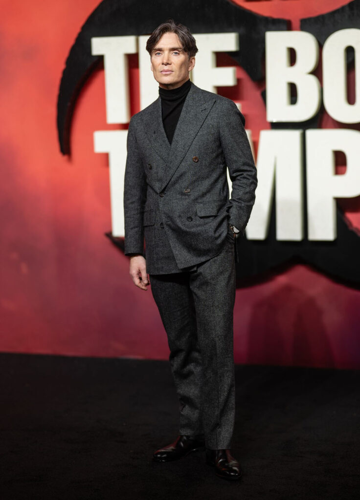 Cillian Murphy, 28 Years Later The Bone Temple premiere, Cillian Murphy red carpet, charcoal double breasted suit, menswear turtleneck trend, Anglo Italian tailoring, George Cleverley boots